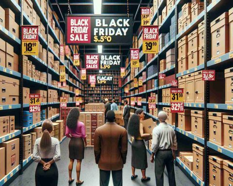 Generate a detailed image showcasing a store filled with various items that are marked down for Black Friday sales. Attention should be drawn to the storage solutions section where numerous shelves are stocked with boxes of different sizes, lockers, chests, and compartments, all labeled with enticing discounts. The atmosphere should be energetic and thrilling, with brightly colored 'Black Friday' banners and price tags hanging everywhere. Customers of different genders and descents, like a Caucasian woman, a Black man, a South Asian man, and a Hispanic woman, are seen excitedly exploring the deals on offer. Make sure the image is in a high quality and realistic style.