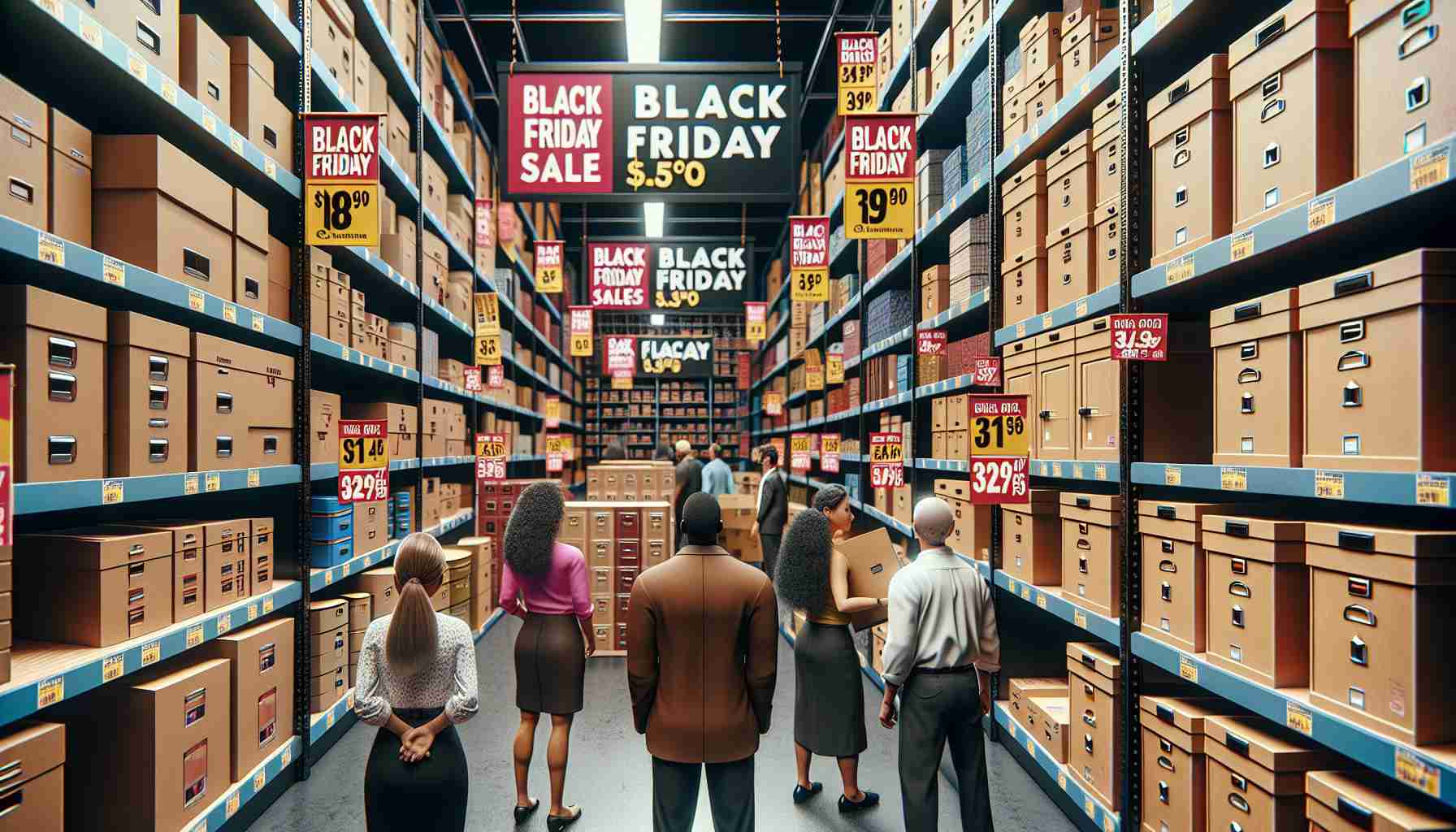 Generate a detailed image showcasing a store filled with various items that are marked down for Black Friday sales. Attention should be drawn to the storage solutions section where numerous shelves are stocked with boxes of different sizes, lockers, chests, and compartments, all labeled with enticing discounts. The atmosphere should be energetic and thrilling, with brightly colored 'Black Friday' banners and price tags hanging everywhere. Customers of different genders and descents, like a Caucasian woman, a Black man, a South Asian man, and a Hispanic woman, are seen excitedly exploring the deals on offer. Make sure the image is in a high quality and realistic style.