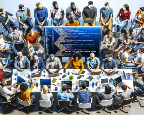 A high-definition, realistic image of a diverse and inclusive tech community. The image should depict various people of different descents such as Caucasian, Black, Hispanic, Middle-Eastern, South Asian and so on, all actively engaged in tech-related activities. Some are coding on their laptops, others brainstorming on a whiteboard or discussing innovative ideas. The vibe should be upbeat and collaborative. Display should show the text 'Join the Tech Community Today'.