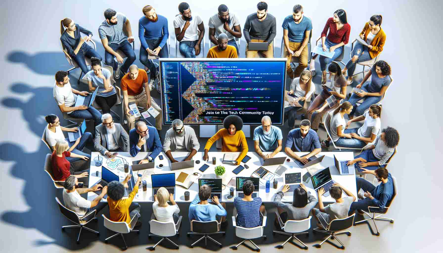 A high-definition, realistic image of a diverse and inclusive tech community. The image should depict various people of different descents such as Caucasian, Black, Hispanic, Middle-Eastern, South Asian and so on, all actively engaged in tech-related activities. Some are coding on their laptops, others brainstorming on a whiteboard or discussing innovative ideas. The vibe should be upbeat and collaborative. Display should show the text 'Join the Tech Community Today'.