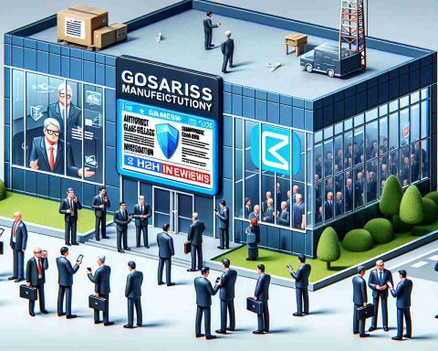 A detailed high-definition image of a fictional glass manufacturing company being under investigation for antitrust practices in the smartphone glass market. In this image, various elements should be depicted to represent the severity of the investigation: a building sign with the logo of the company, a news banner running on a screen with the headline about the investigation, some official-looking individuals in suits standing outside the building having serious discussions and some employees inside the company looking anxious and worried.