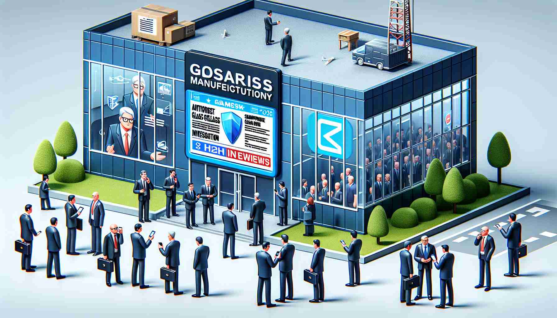 A detailed high-definition image of a fictional glass manufacturing company being under investigation for antitrust practices in the smartphone glass market. In this image, various elements should be depicted to represent the severity of the investigation: a building sign with the logo of the company, a news banner running on a screen with the headline about the investigation, some official-looking individuals in suits standing outside the building having serious discussions and some employees inside the company looking anxious and worried.