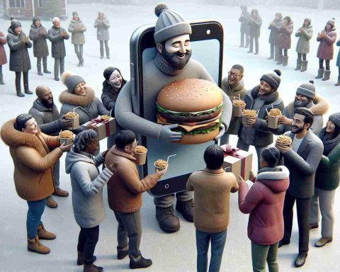 An ultra high-definition realistic image of a mobile telecommunications company, portrayed as a large figurative entity, gifting winter gear and burgers to their customers who are excitedly accepting their gifts. The scene takes place outdoors, with a light snowfall in the background. Customers of different descents such as Caucasian, Asian, Black, and Hispanic and diverse genders are portraying gratitude and happiness.