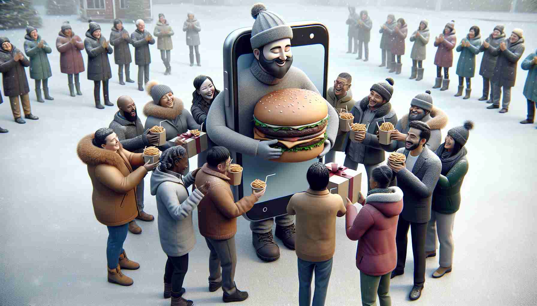 An ultra high-definition realistic image of a mobile telecommunications company, portrayed as a large figurative entity, gifting winter gear and burgers to their customers who are excitedly accepting their gifts. The scene takes place outdoors, with a light snowfall in the background. Customers of different descents such as Caucasian, Asian, Black, and Hispanic and diverse genders are portraying gratitude and happiness.