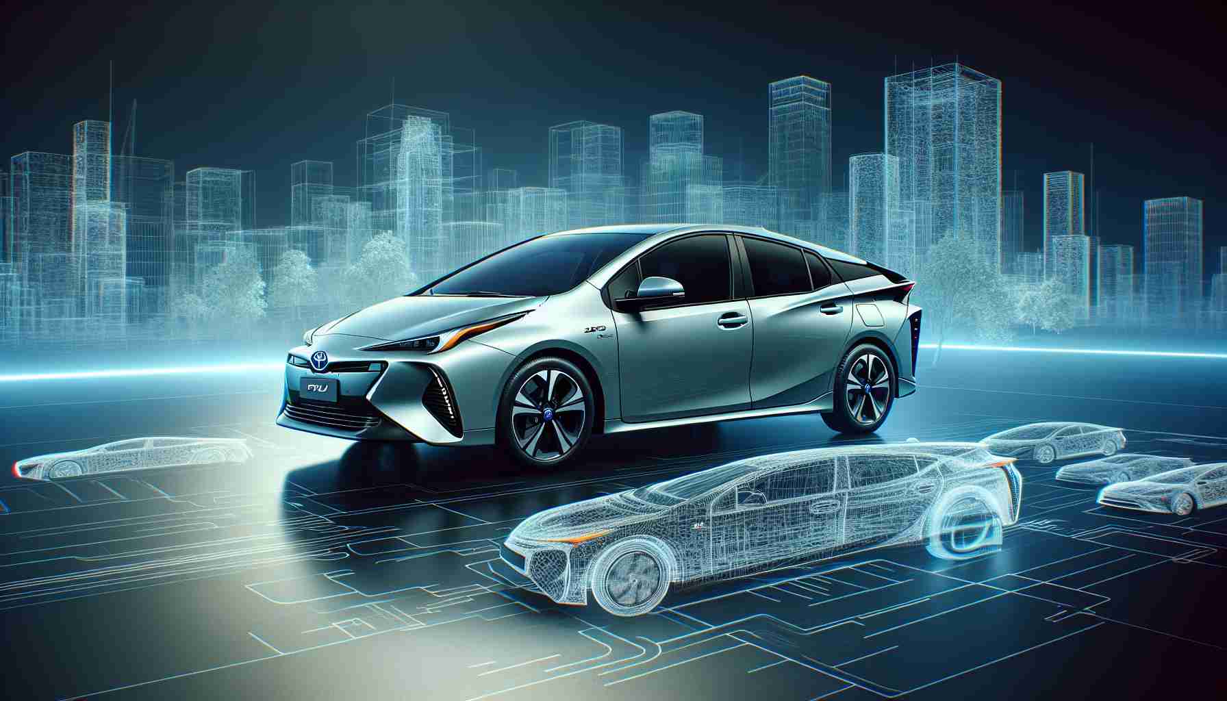 Create a high definition, realistic image of a 2023 model Toyota Prius, captured from an innovative and fresh angle. The vehicle should have all the distinct features and modern aesthetics that are expected from a Toyota Prius model of that year.