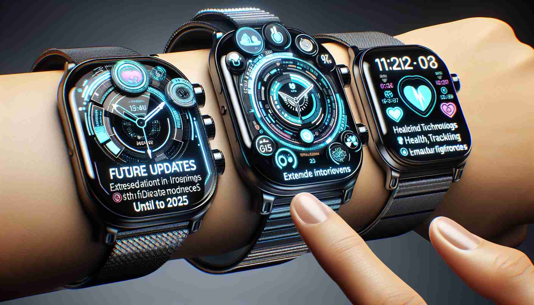 Create a realistic, high-definition image of future updates planned for digital watch models. This should include extended features and improvements until the year 2025. The design of the watches should be sleek and modern, potentially incorporating elements of future technology. Please depict the watches displaying these updates on their screens, perhaps with notification icons, health tracking features, and a futuristic user interface. Design an array of diverse watches each exhibiting distinct characteristics and unique updates specific to their intended target audiences.