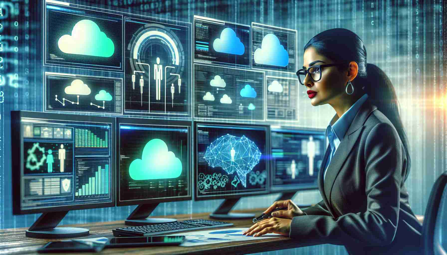 Create a hyper-realistic, high-definition image that conceptually translates the idea of an investigation into a tech corporation's cloud practices. Depict a confidently poised South Asian female investigator attentively studying information on multiple computer screens displaying graphs, data vulnerabilities, and network diagrams. To signify the company under investigation, represent a non-specific logo made up of two square shapes slightly overlapping and colored in various shades of green rather than using any real corporate logo. To further emphasize the cloud practices, illustrate a literal cloud motif incorporated into the graphs, diagrams, and data presentations on the screens.