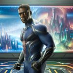 A realistic HD photo of a physically fit middle-aged African American actor in a superhero costume, poised on a film set designed to represent the vibrant and technologically advanced world of a fictional African nation. The actor sports a determined look while the background reflects the iconic aesthetics of a popular superhero franchise.