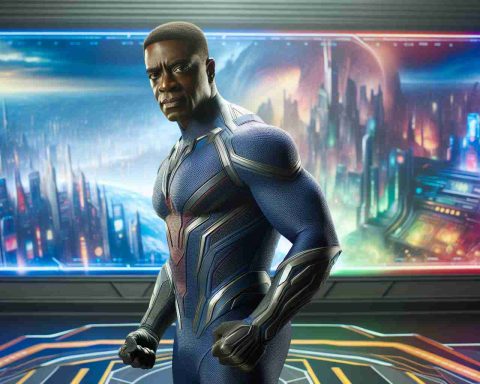 A realistic HD photo of a physically fit middle-aged African American actor in a superhero costume, poised on a film set designed to represent the vibrant and technologically advanced world of a fictional African nation. The actor sports a determined look while the background reflects the iconic aesthetics of a popular superhero franchise.