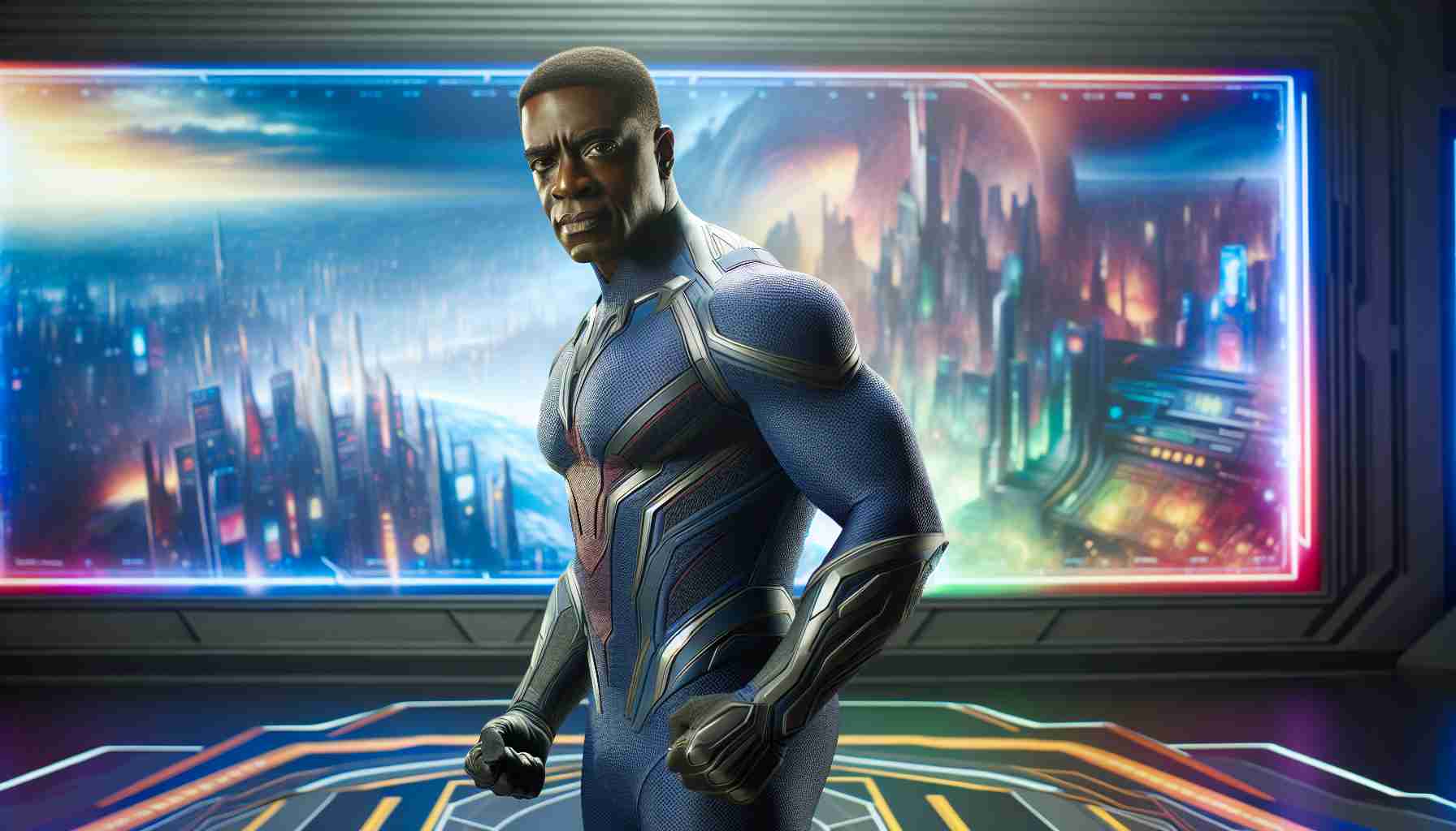 A realistic HD photo of a physically fit middle-aged African American actor in a superhero costume, poised on a film set designed to represent the vibrant and technologically advanced world of a fictional African nation. The actor sports a determined look while the background reflects the iconic aesthetics of a popular superhero franchise.