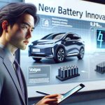 Realistic HD photo of a generic male Asian businessman at a tech conference, scrutinizing a presentation on new battery innovations, with the logo of a major electric vehicle company displayed. This scene portrays curiosity and deep analysis.