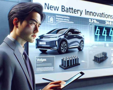 Realistic HD photo of a generic male Asian businessman at a tech conference, scrutinizing a presentation on new battery innovations, with the logo of a major electric vehicle company displayed. This scene portrays curiosity and deep analysis.