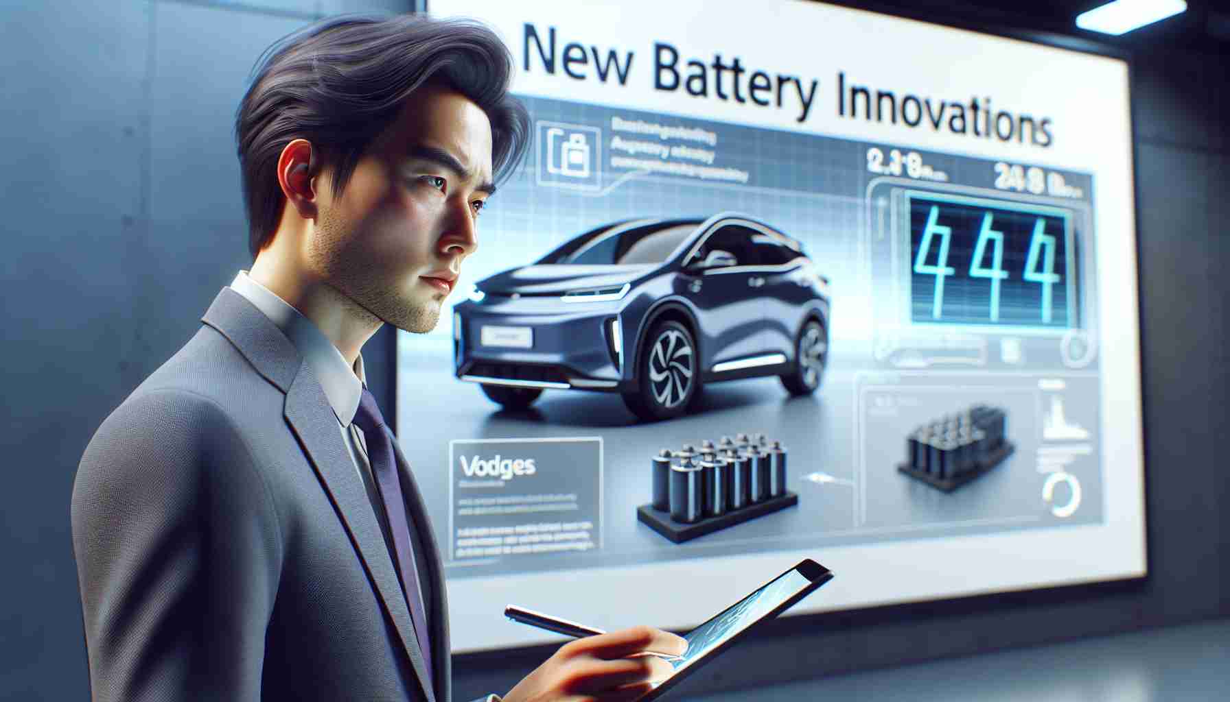 Realistic HD photo of a generic male Asian businessman at a tech conference, scrutinizing a presentation on new battery innovations, with the logo of a major electric vehicle company displayed. This scene portrays curiosity and deep analysis.