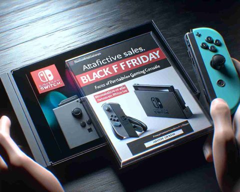 Realistic high-definition image depicting a fictional technology company announcing attractive sales for fans of portable gaming console like Nintendo Switch during an event similar to Black Friday.