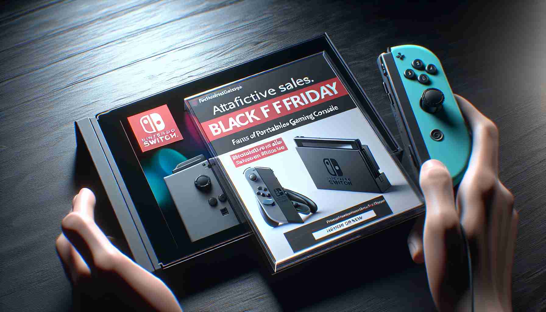 Realistic high-definition image depicting a fictional technology company announcing attractive sales for fans of portable gaming console like Nintendo Switch during an event similar to Black Friday.