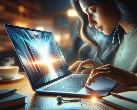 A highly detailed photograph capturing the experience of using a modern, lightweight laptop known for its portability and convenience. The image should depict an ultra-thin laptop with a large, vibrant display, stepped on a wooden desk. You can see a soft glow reflecting off the screen onto the user's face, who is a South Asian woman entirely immersed in her work. The surroundings include a cup of coffee, a stack of books and earbuds illustrating the ambiance of a workspace. The laptop might have features synonymous with the new MacBook Air, but it is not a specific branded product.