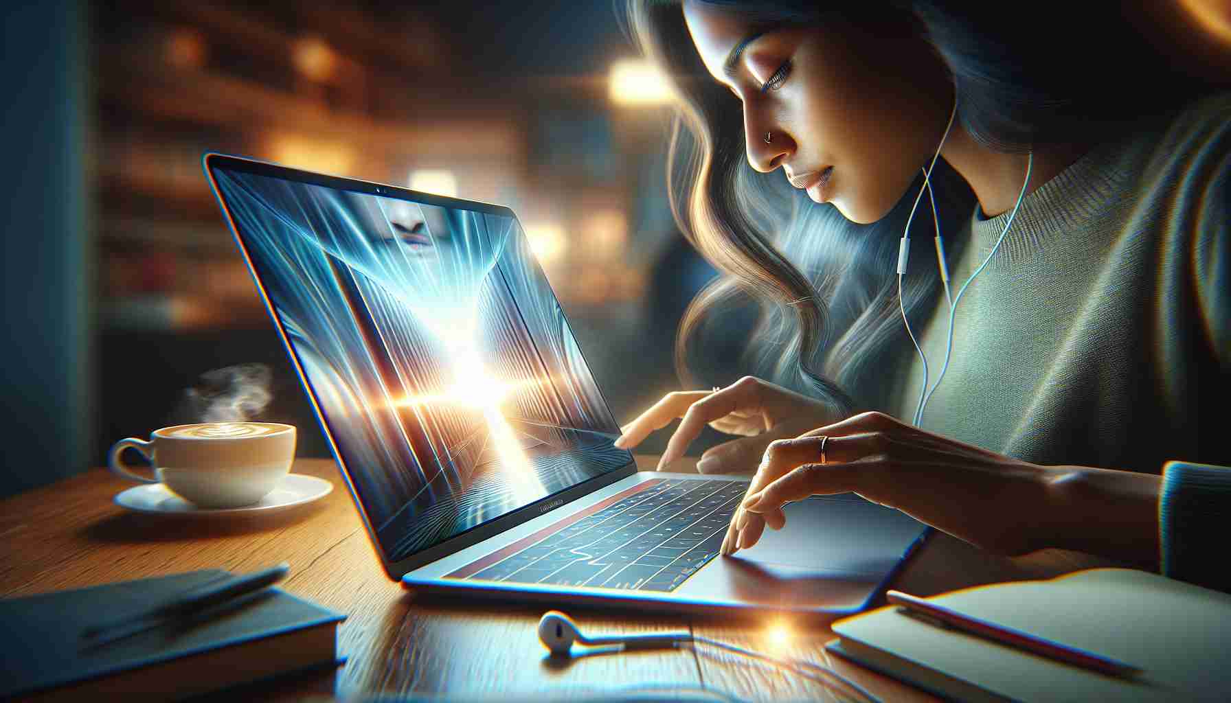 A highly detailed photograph capturing the experience of using a modern, lightweight laptop known for its portability and convenience. The image should depict an ultra-thin laptop with a large, vibrant display, stepped on a wooden desk. You can see a soft glow reflecting off the screen onto the user's face, who is a South Asian woman entirely immersed in her work. The surroundings include a cup of coffee, a stack of books and earbuds illustrating the ambiance of a workspace. The laptop might have features synonymous with the new MacBook Air, but it is not a specific branded product.