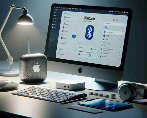 A realistic high-definition photograph of a process depicting the resolution of Bluetooth connectivity issues with a Mac Mini model. The setup includes the Mac Mini, a Bluetooth enabled device such as wireless headphones or a keyboard, and a computer screen displaying the Bluetooth settings interface. Objects are arranged on a modern, clean desk where the troubleshooting process is taking place. Light source should be adequate, creating a calm and focused ambiance. There is no human presence in the scene. Please ensure a clear display of the technical steps involved in the process.