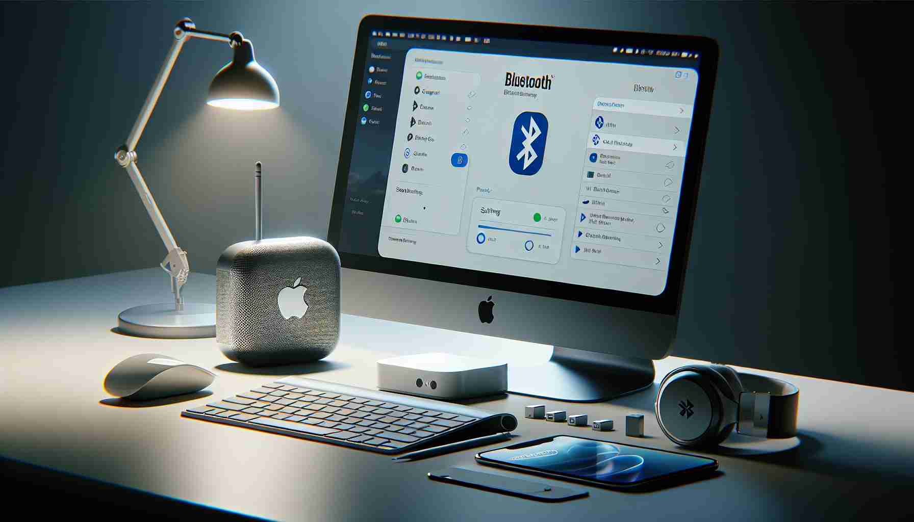 A realistic high-definition photograph of a process depicting the resolution of Bluetooth connectivity issues with a Mac Mini model. The setup includes the Mac Mini, a Bluetooth enabled device such as wireless headphones or a keyboard, and a computer screen displaying the Bluetooth settings interface. Objects are arranged on a modern, clean desk where the troubleshooting process is taking place. Light source should be adequate, creating a calm and focused ambiance. There is no human presence in the scene. Please ensure a clear display of the technical steps involved in the process.