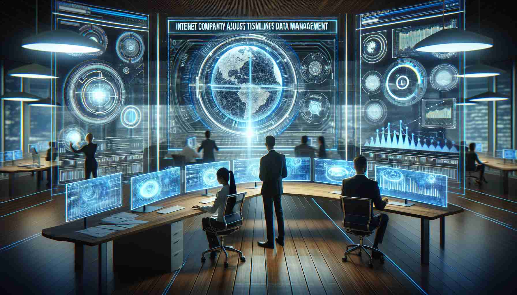 Create a high definition, visually descriptive interpretation of the concept 'Internet company adjusts Timeline Data Management.' The scene should capture the abstract concept of modifications in data timeline management in a digital company. It can be represented with a futuristic control room where employees, a Caucasian man and a South Asian woman, are adjusting large, interactive holographic screens displaying timelines, data flows, charts, and graphs. The company's anonymously branded logo is subtly positioned in the background. Please reflect a clean, modern aesthetic.