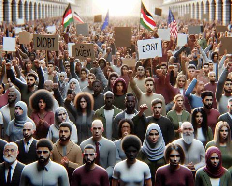 Realistic high definition image portraying a public display of disagreement and protest regarding the content in a recent video produced by a well-known tech YouTuber. The scene includes people from diverse descents, keeping an equal probability to represent, Caucasian, Hispanic, Black, Middle-Eastern, East Asian, and South Asian. Depict both genders evenly across the crowd. Add elements like placards, expressive faces, etc. to convey the outcry.