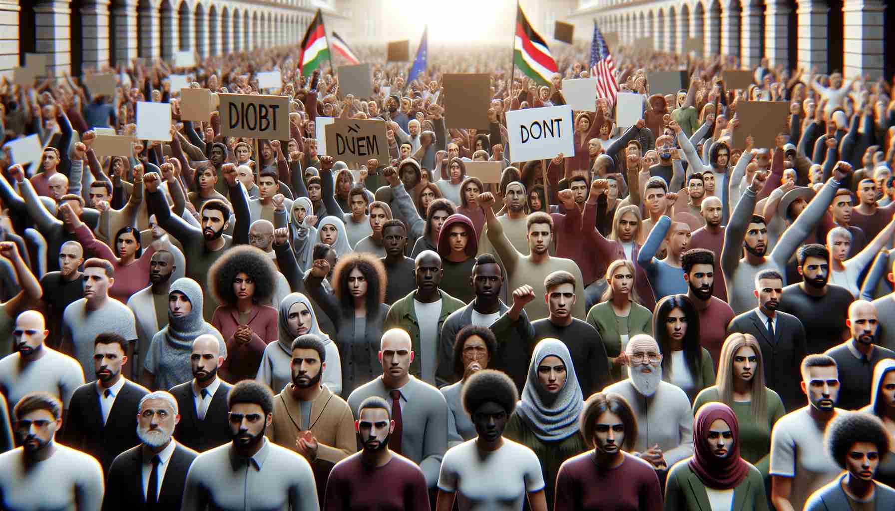 Realistic high definition image portraying a public display of disagreement and protest regarding the content in a recent video produced by a well-known tech YouTuber. The scene includes people from diverse descents, keeping an equal probability to represent, Caucasian, Hispanic, Black, Middle-Eastern, East Asian, and South Asian. Depict both genders evenly across the crowd. Add elements like placards, expressive faces, etc. to convey the outcry.