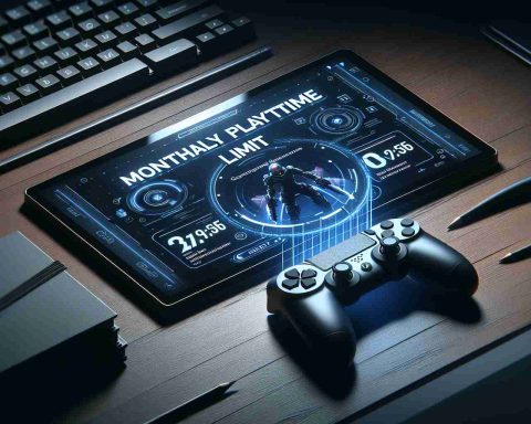 Realistic high-definition image depicting a fictional scene where the popular imaginary tech company introduces a monthly playtime limit for their cloud gaming service users. The graphics should include a dark yet attractive interface displaying a neatly structured notification of monthly playtime limit with sleek video game-themed graphics surrounding it.