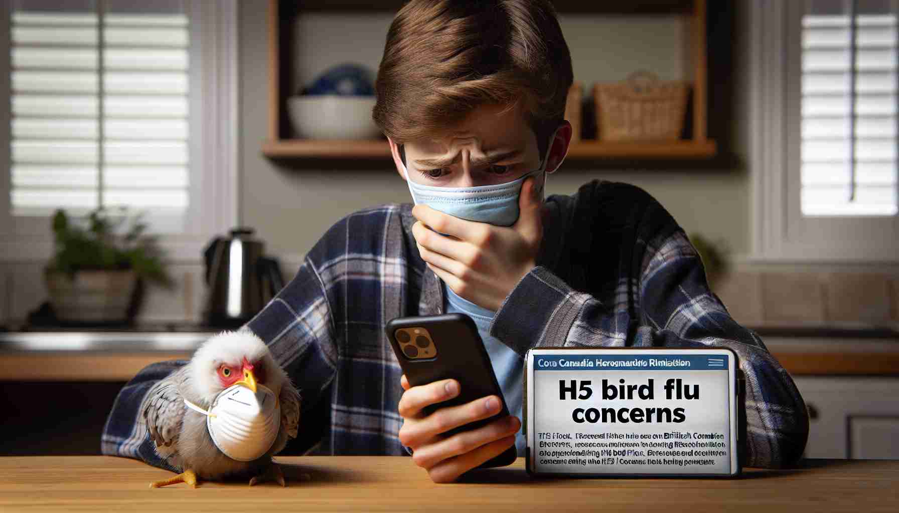 Create an image that depicts a worried teenager from British Columbia reading a news article on their phone about the rise of concerns regarding the H5 Bird Flu. The setting should be an everyday Canadian household. The teen should look visibly upset and distressed. The phone screen has text displaying 'H5 Bird Flu Concerns' in bold letters.