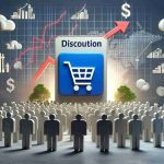 Create a high definition, realistic image representing a discount shopping feature being introduced by an online giant retailer. The setting should be amidst a backdrop of symbolic representations of rising competition, such as charts showing increasing growth rates for other companies and a crowd of abstract company logos.