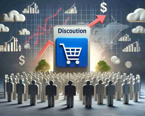 Create a high definition, realistic image representing a discount shopping feature being introduced by an online giant retailer. The setting should be amidst a backdrop of symbolic representations of rising competition, such as charts showing increasing growth rates for other companies and a crowd of abstract company logos.