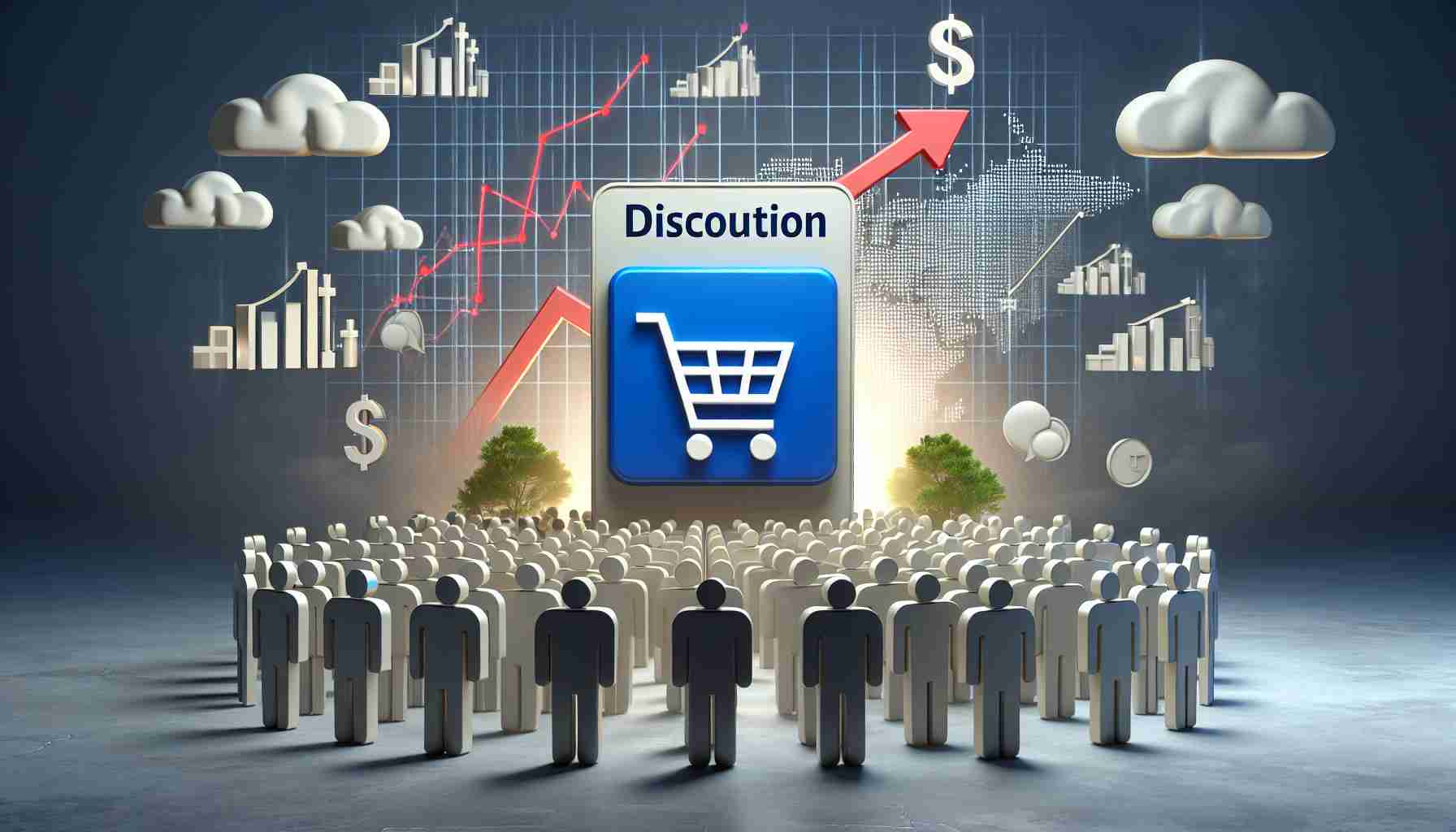 Create a high definition, realistic image representing a discount shopping feature being introduced by an online giant retailer. The setting should be amidst a backdrop of symbolic representations of rising competition, such as charts showing increasing growth rates for other companies and a crowd of abstract company logos.