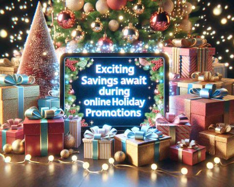 A realistic high-definition image that showcases an announcement about engaging holiday promotions. The photo shows festive decorations such as a brightly decorated Christmas tree, piles of beautifully wrapped presents, and sparkling fairy lights. In the foreground, there's a digital screen displaying the text: 'Exciting Savings Await During Online Holiday Promotions'. The overall atmosphere is cheerful and festive, and the screen's glow adds to the magical feel of the scene.