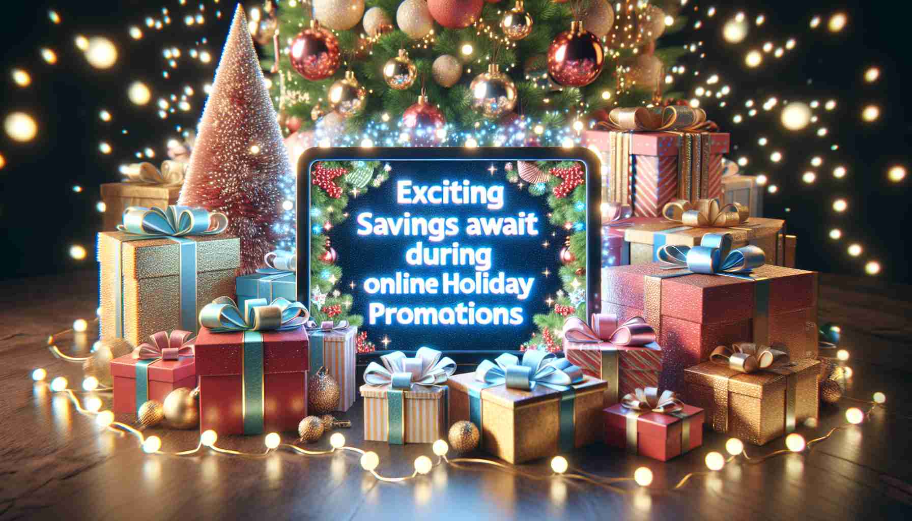 A realistic high-definition image that showcases an announcement about engaging holiday promotions. The photo shows festive decorations such as a brightly decorated Christmas tree, piles of beautifully wrapped presents, and sparkling fairy lights. In the foreground, there's a digital screen displaying the text: 'Exciting Savings Await During Online Holiday Promotions'. The overall atmosphere is cheerful and festive, and the screen's glow adds to the magical feel of the scene.