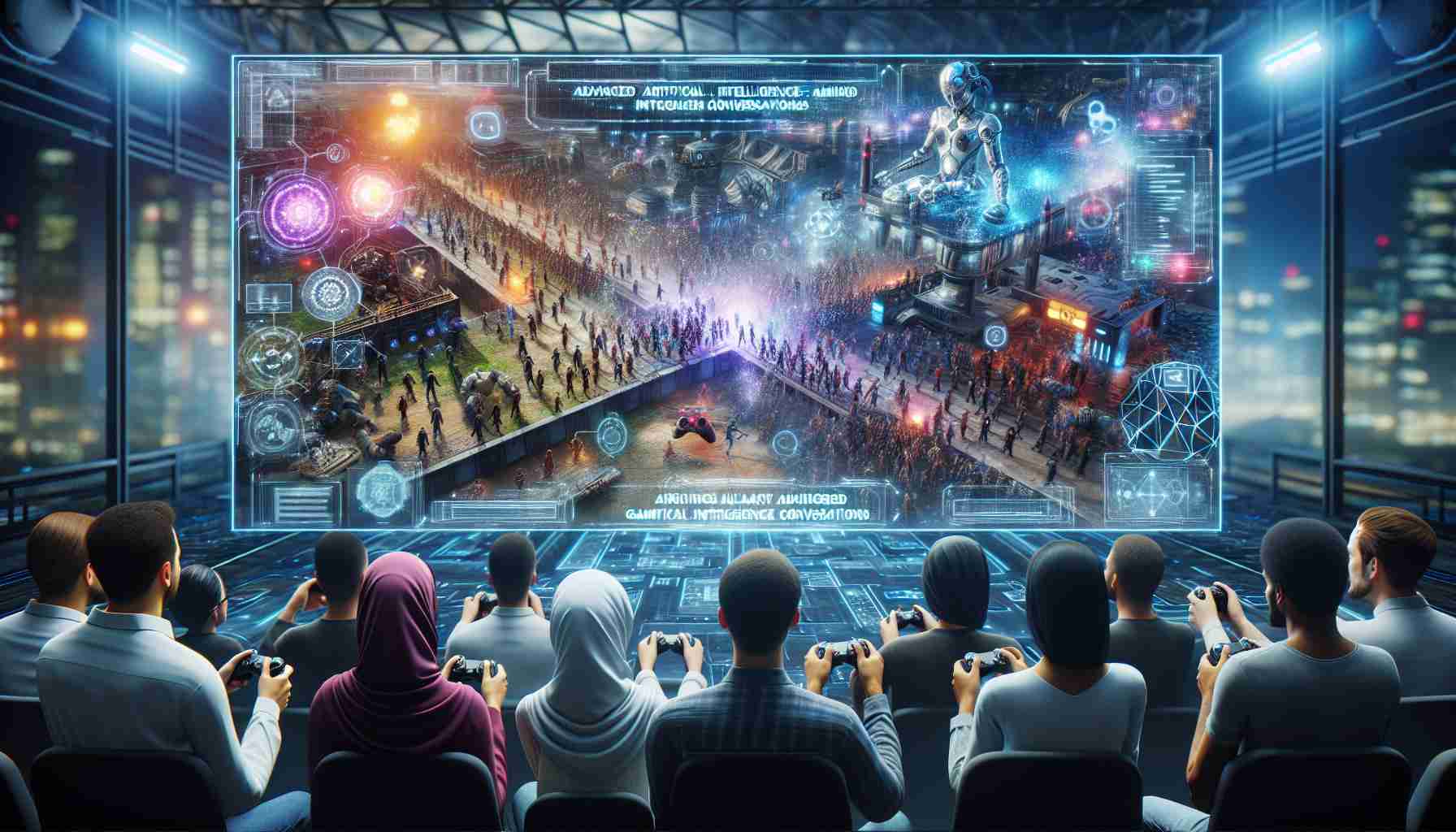 Produce a high-definition, realistic image visualizing the future of gaming amid artificial intelligence conversations. Show a large screen displaying a complex game environment, populated with various characters interacting in real-time. Place in front a group of people of varying descents, such as a Middle-Eastern female and a South Asian male, engaged with hi-tech controllers and voice-recognition devices, depicting advanced artificial intelligence-driven gaming discussions.