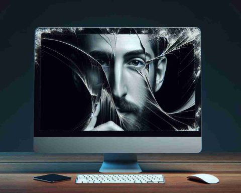 High-definition, realistic portrayal of an unanticipated screen malfunction in a previously owned all-in-one desktop computer, reminiscent of the design found in older models of iMac computers.