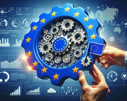 High-definition realistic image of a conceptual representation for a social media company adjusting their advertising strategy to comply with European Union enhancements. The image could include elements such as a map or flag of the EU, a symbolic representation of strategy adjustment like shifting gears, and symbols of digital advertising like online ads, website analytics data, and digital marketing tools.