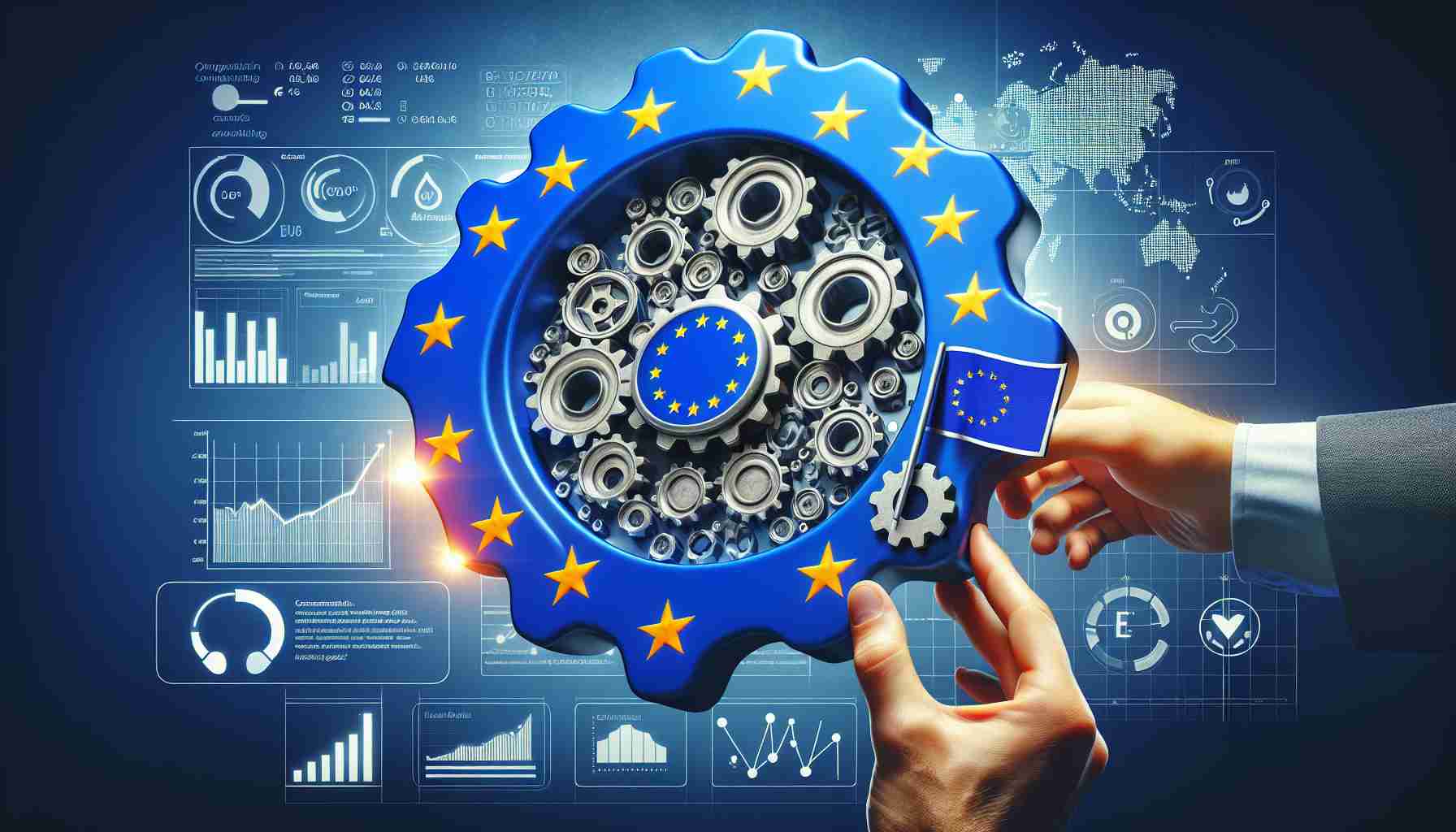 High-definition realistic image of a conceptual representation for a social media company adjusting their advertising strategy to comply with European Union enhancements. The image could include elements such as a map or flag of the EU, a symbolic representation of strategy adjustment like shifting gears, and symbols of digital advertising like online ads, website analytics data, and digital marketing tools.