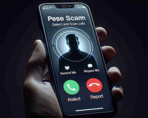 Generate a high-definition realistic image displaying the interface of a fictional phone protection feature, which has been designed to detect and block scam calls. Emphasize the screen showing an incoming call marked as a potential scam, with the option buttons to answer, reject or report the call.