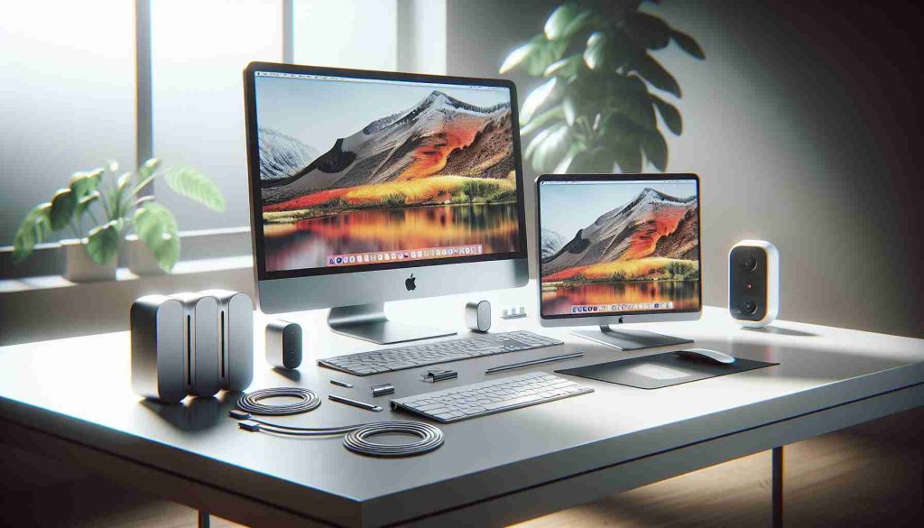 A high-definition realistic image that depicts a potential upgrade to a new Mac setup. It includes a modern Mac computer with a sleek silver finish, a new larger monitor with a crystal clear display, a wireless keyboard and mouse set, and neatly organized charging cables. The setup is on a clean, minimalist desk surrounded by natural light and indoor greenery. The scene reflects the prospect of upgrading, with the old Mac hardware set up nearby for comparison, displaying the noticeable improvements and advanced features of the new setup.