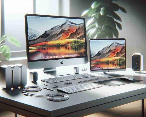 A high-definition realistic image that depicts a potential upgrade to a new Mac setup. It includes a modern Mac computer with a sleek silver finish, a new larger monitor with a crystal clear display, a wireless keyboard and mouse set, and neatly organized charging cables. The setup is on a clean, minimalist desk surrounded by natural light and indoor greenery. The scene reflects the prospect of upgrading, with the old Mac hardware set up nearby for comparison, displaying the noticeable improvements and advanced features of the new setup.