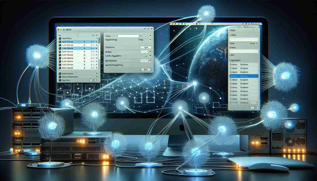 High-definition, detailed illustration showcasing the enhancement of network performance with Link Aggregation on MacOS. The scene depicts a MacOS desktop with system setting windows open, one showing network settings and the other showing aggregated links. Data packets represented as small, glowing icons are flying from one link to another, representing increased network performance.