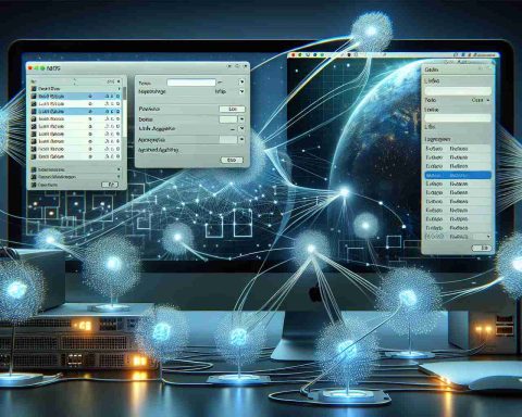 High-definition, detailed illustration showcasing the enhancement of network performance with Link Aggregation on MacOS. The scene depicts a MacOS desktop with system setting windows open, one showing network settings and the other showing aggregated links. Data packets represented as small, glowing icons are flying from one link to another, representing increased network performance.