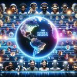 An HD image that provides a realistic representation of the global progress towards inclusive voice AI technology. This could be displayed with a globe showing key regions lit up on a streamlined grid, illustrating progress. Backdrop could consist of an array of diverse individuals, reflecting a global user base, using voice assistant devices. From headsets to smart speakers, their various reactions could encapsulate engaging, questioning, appreciation, or surprise. The image may also incorporate text overlay - 'The Future is Inclusive' across the center. This symbolizes the positive impact and transformative possibilities of Inclusive Voice AI Technology.