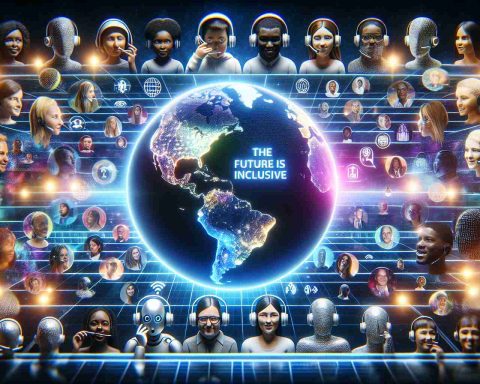 An HD image that provides a realistic representation of the global progress towards inclusive voice AI technology. This could be displayed with a globe showing key regions lit up on a streamlined grid, illustrating progress. Backdrop could consist of an array of diverse individuals, reflecting a global user base, using voice assistant devices. From headsets to smart speakers, their various reactions could encapsulate engaging, questioning, appreciation, or surprise. The image may also incorporate text overlay - 'The Future is Inclusive' across the center. This symbolizes the positive impact and transformative possibilities of Inclusive Voice AI Technology.