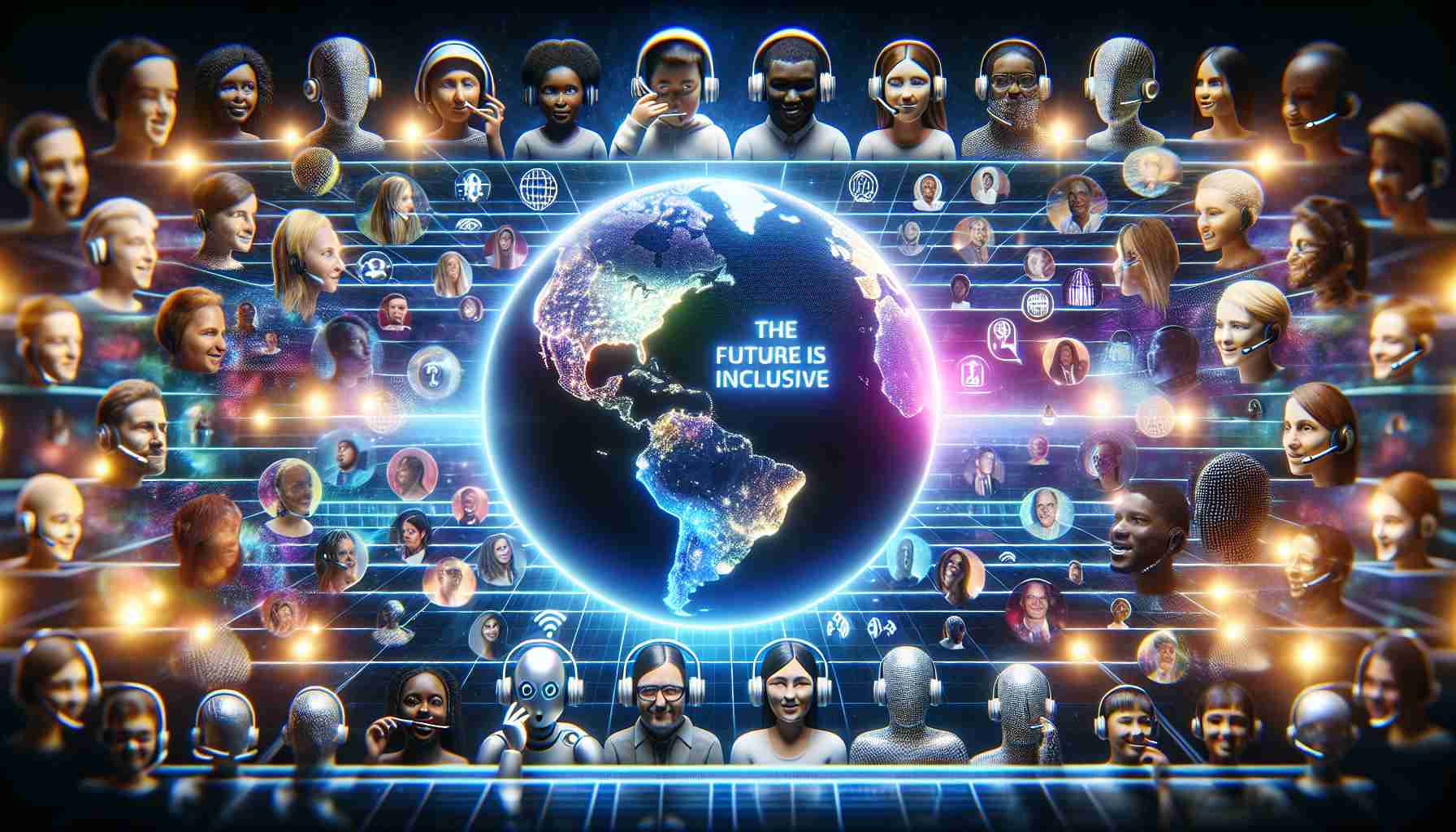 An HD image that provides a realistic representation of the global progress towards inclusive voice AI technology. This could be displayed with a globe showing key regions lit up on a streamlined grid, illustrating progress. Backdrop could consist of an array of diverse individuals, reflecting a global user base, using voice assistant devices. From headsets to smart speakers, their various reactions could encapsulate engaging, questioning, appreciation, or surprise. The image may also incorporate text overlay - 'The Future is Inclusive' across the center. This symbolizes the positive impact and transformative possibilities of Inclusive Voice AI Technology.