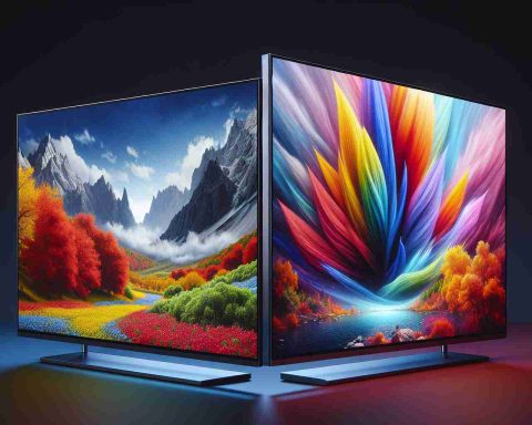 A high-definition, realistic image showing two different high-resolution displays side by side. One displays vibrant, aesthetically pleasing landscapes while the other shows a complex graphical user interface. Both these screens, with their vivacious colors and crisp details, are housed in sleek modern casings, demonstrating the epitome of current display technologies.