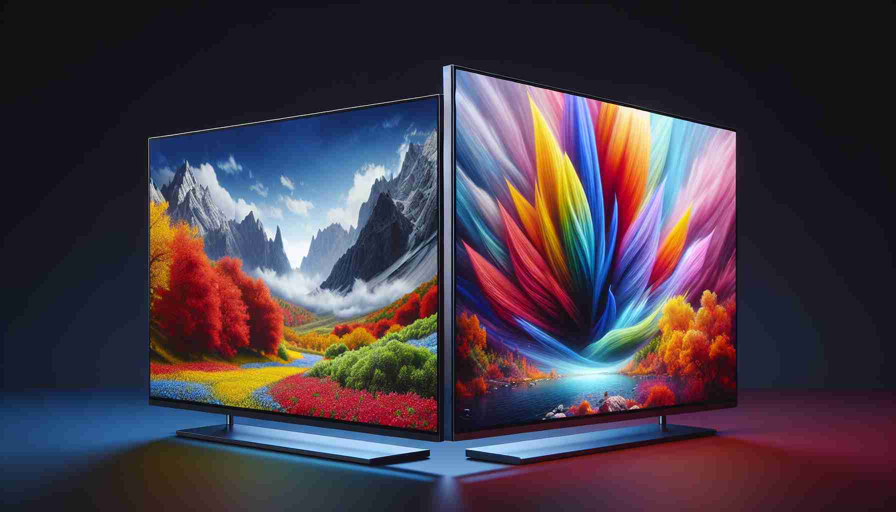 A high-definition, realistic image showing two different high-resolution displays side by side. One displays vibrant, aesthetically pleasing landscapes while the other shows a complex graphical user interface. Both these screens, with their vivacious colors and crisp details, are housed in sleek modern casings, demonstrating the epitome of current display technologies.