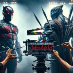 Create an image showing a realistic behind-the-scenes look from the sets of a superhero movie featuring two characters with one known for his red and black suit with swords at his back, and the other characterized by his muscular physique, and iconic metal-tipped claws.