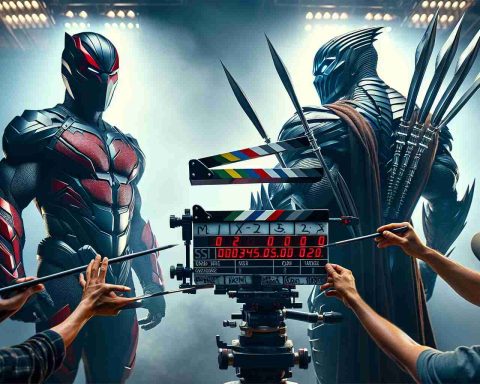 Create an image showing a realistic behind-the-scenes look from the sets of a superhero movie featuring two characters with one known for his red and black suit with swords at his back, and the other characterized by his muscular physique, and iconic metal-tipped claws.