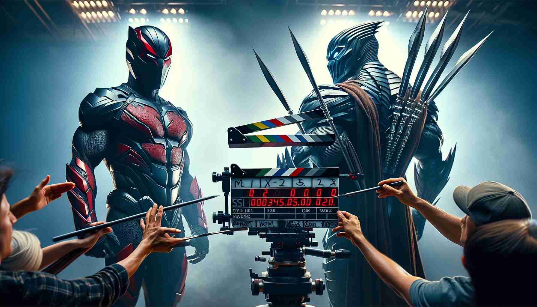 Create an image showing a realistic behind-the-scenes look from the sets of a superhero movie featuring two characters with one known for his red and black suit with swords at his back, and the other characterized by his muscular physique, and iconic metal-tipped claws.